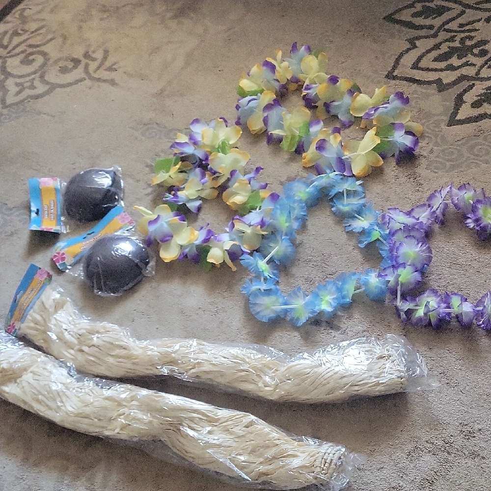 TWO Hawaiian Luau Sets with Coconut Bras,Grass Skirts, Leis(Theme Party/Costume)